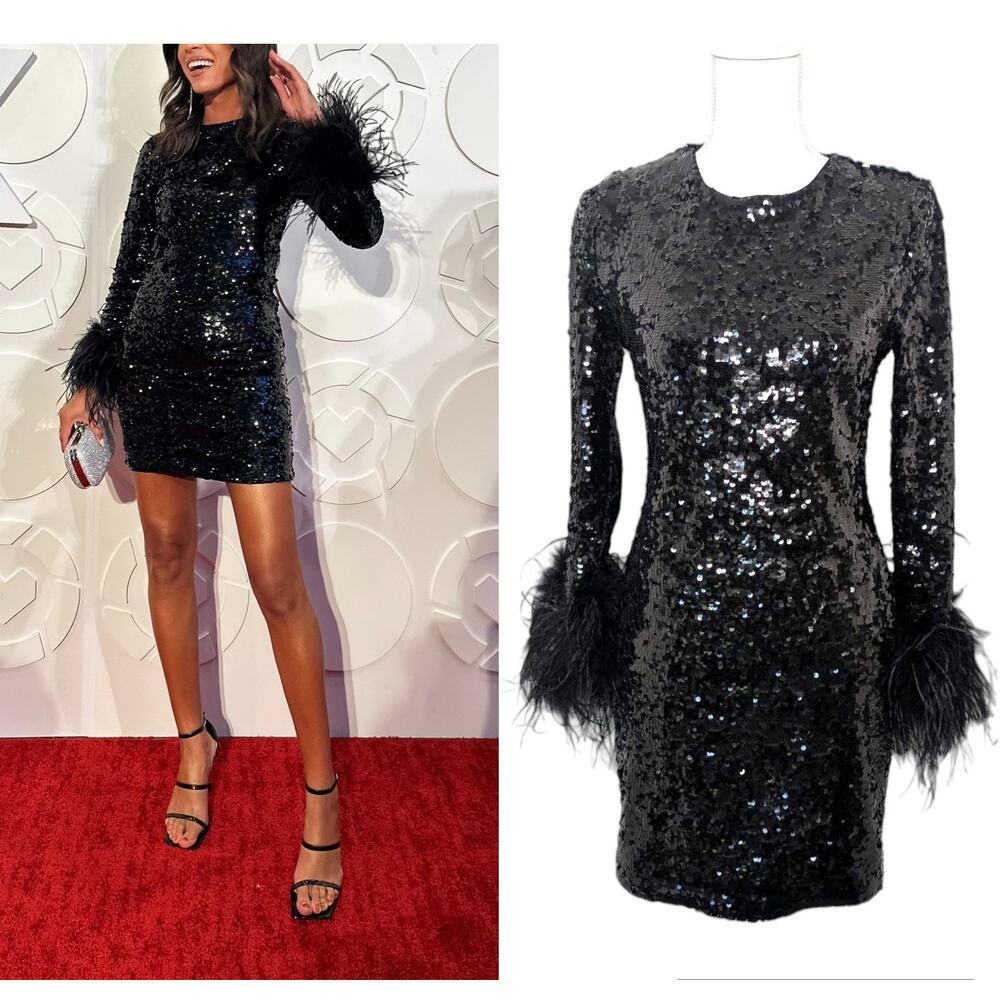 Alice + Olivia Delora Black Sequin‎ Feather Mini Dress US 8 Party Cocktail